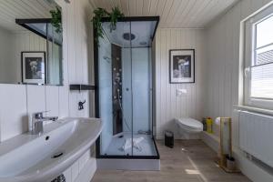 a bathroom with a shower and a sink and a toilet at Ferienhaus Hafenoase in Wandlitz