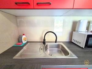 a kitchen counter with a sink and a microwave at Riverside Apartments - pet friendly in Sečovlje