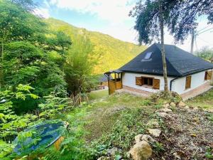 a small house with a black roof in a field at Bat's Cave Hut Transylvania - Rustic Retreat in Sub Piatra