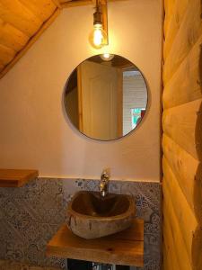 a bathroom with a stone sink and a mirror at Bat's Cave Hut Transylvania - Rustic Retreat in Sub Piatra +64 photos