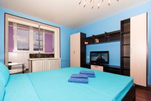 モスクワにあるApartlux Dorogomilovskaya 8の青いベッドルーム(ベッド1台、テレビ付)
