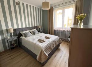 a bedroom with a bed with a striped wall at Akacja Centrum Apartament in Rzeszów