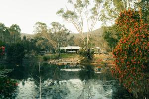 a view of a pond with a house in the background at Hunter Moon in Broke