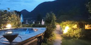 a dog laying in a swimming pool at night at Apartma Zeus in Jesenice +36 photos