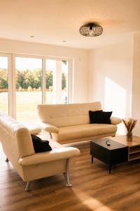 a living room with a couch and a table at Moderne Bauernhof Wohnung mitten in der Natur in Emtmannsberg