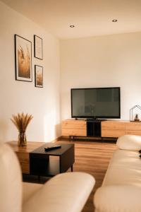 a living room with a large flat screen tv at Moderne Bauernhof Wohnung mitten in der Natur in Emtmannsberg