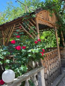 a garden with red roses in a wooden structure at Rob Guest House in Garni