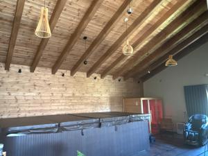 a ping pong table in a room with wooden ceilings at Alpinia in Majdal Shams +41 photos