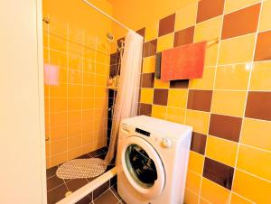 a bathroom with a washing machine in a bathroom at Ύδρα ivY in Hydra