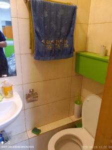 a bathroom with a toilet and a sink and a towel at Гостинка in Kharkiv