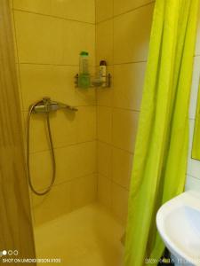 a bathroom with a shower with a green shower curtain at Гостинка in Kharkiv