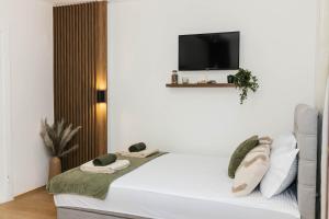 a bedroom with a bed with a tv on the wall at Lorena 21 Central in Bileća