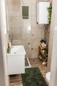 a bathroom with a white sink and a shower at Lorena 21 Central in Bileća