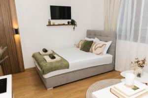 a small living room with a bed and a table at Lorena 21 Central in Bileća