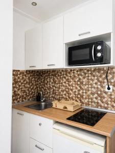 a kitchen with a sink and a microwave at Villa Amy in Achladies