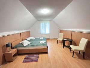 a bedroom with a bed and a table and chairs at Motel Valea Zanelor in Covasna