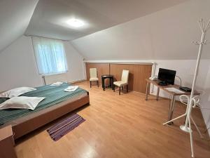 a bedroom with a bed and a desk and a computer at Motel Valea Zanelor in Covasna