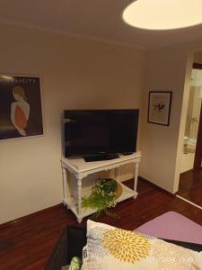 a living room with a flat screen tv on a table at Maria's Studios Rent Peplos in Péplos