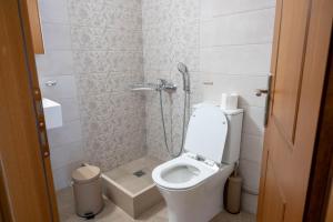 a bathroom with a toilet and a shower at TRIANTAFYLLOY ROOMS in Loutra Edipsou +48 photos