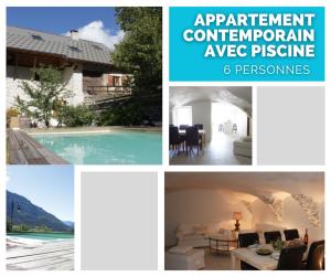 a collage of photos of a house and a pool at Très bel appartement, Parc national des Écrins, piscine et terrasse in Les Vigneaux