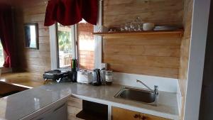 a kitchen with a sink and a counter top at Red Hibiscus Villas in Rarotonga