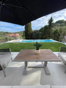 a wooden table with a potted plant on a patio at Villa Rinoula-private pool in Vitalades