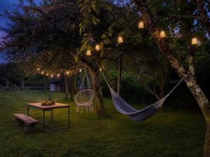 Eine Hängematte, die in einem Garten an einem Baum hängt in der Unterkunft Lar Do Lago - Rooms in Negreira