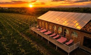 a building with a row of chairs in a vineyard at sunset at Chateau Vartsikhe in Varts'ikhe +245 photos