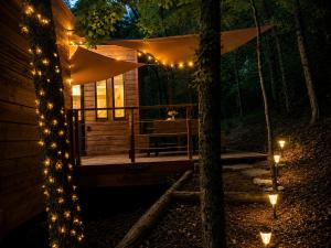 a cabin in the woods at night with lights at Tiny house cosy au cœur des bois in Arsac-en-Velay