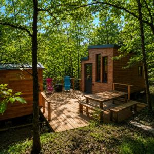 a cabin in the woods with a wooden deck at Tiny house cosy au cœur des bois in Arsac-en-Velay +13 photos