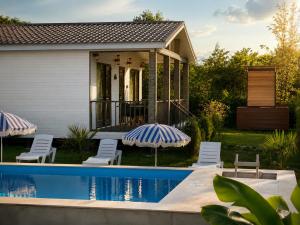 a house with a swimming pool with chairs and an umbrella at Matilda Signature Apartments in Telavi