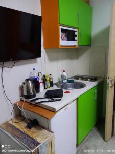 a kitchen with green cabinets and a sink at Гостинка in Kharkiv