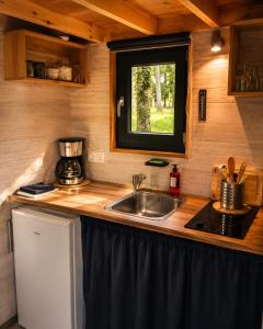 a kitchen with a sink and a counter top at Tiny house cosy au cœur des bois in Arsac-en-Velay