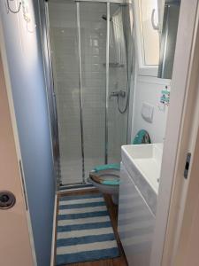 a bathroom with a shower and a toilet and a sink at Dolce Vita in Drage +29 photos