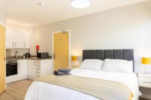 a bedroom with a large bed and a kitchen at Spa Court in Cheltenham