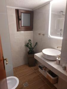 a bathroom with a sink and a toilet and a mirror at Cozy apartment in Polychrono in Polychrono