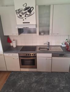 a kitchen with a stove and a sink at Ernies Gartentraum in Mattsee +8 photos