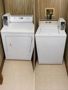two pictures of a white washer and dryer in a room at Fall River Stay Stylish 2BR Urban Haven Suite in Fall River