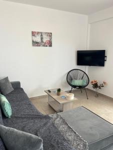 a living room with a couch and a flat screen tv at Aegean Mirror Andros in Apróvaton