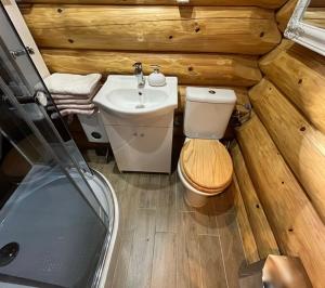a small bathroom with a toilet and a sink at Zrub u Pongrácza v Panoráma Parku in Nezbudská Lúčka
