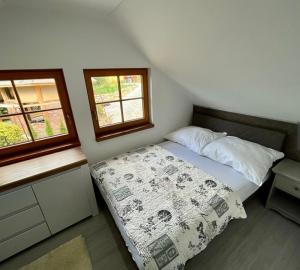 a small bedroom with a bed and two windows at Zrub u Pongrácza v Panoráma Parku in Nezbudská Lúčka