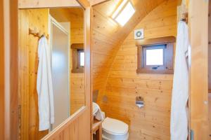 a bathroom in a log cabin with a toilet and a window at Hausboot Störtebeker in Stralsund