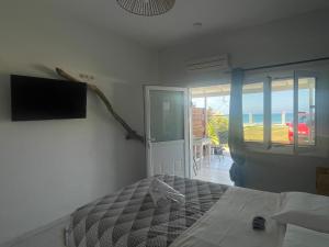 a bedroom with a bed and a view of the ocean at Thalassa apartments in Marathias