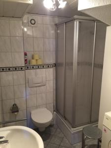 łazienka z prysznicem, toaletą i umywalką w obiekcie Haus Petra w mieście Sonnenalpe Nassfeld
