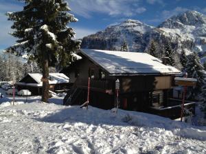 een met sneeuw bedekte hut met een boom en bergen bij Haus Petra in Sonnenalpe Nassfeld