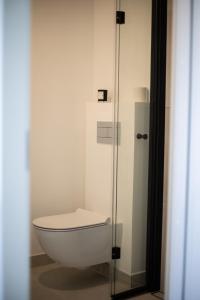a bathroom with a toilet and a glass shower at Järvevaatega studio apartment in Viljandi +15 photos