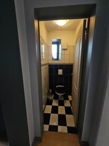 a bathroom with a toilet and a checkered floor at Superbe appartement 2 a 6 pers. hyper cocooning in Gérardmer +15 photos