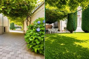two pictures of a courtyard with a building and a garden at Garden Guesthouse in Gjakove