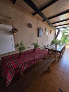 a dining room with a table with potted plants on it at Casa Rural Hidalgo II in Alcolea de Calatrava