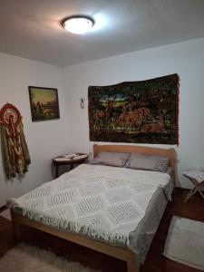 a bedroom with a bed with a tapestry on the wall at Komani Hideout in Podgorica